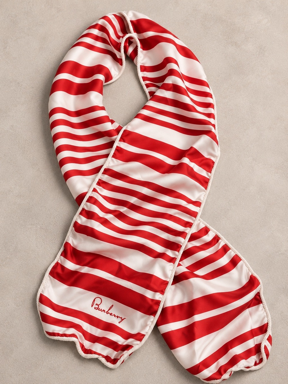 Burberry 100% Silk Red White Striped Scarf Rope Trim